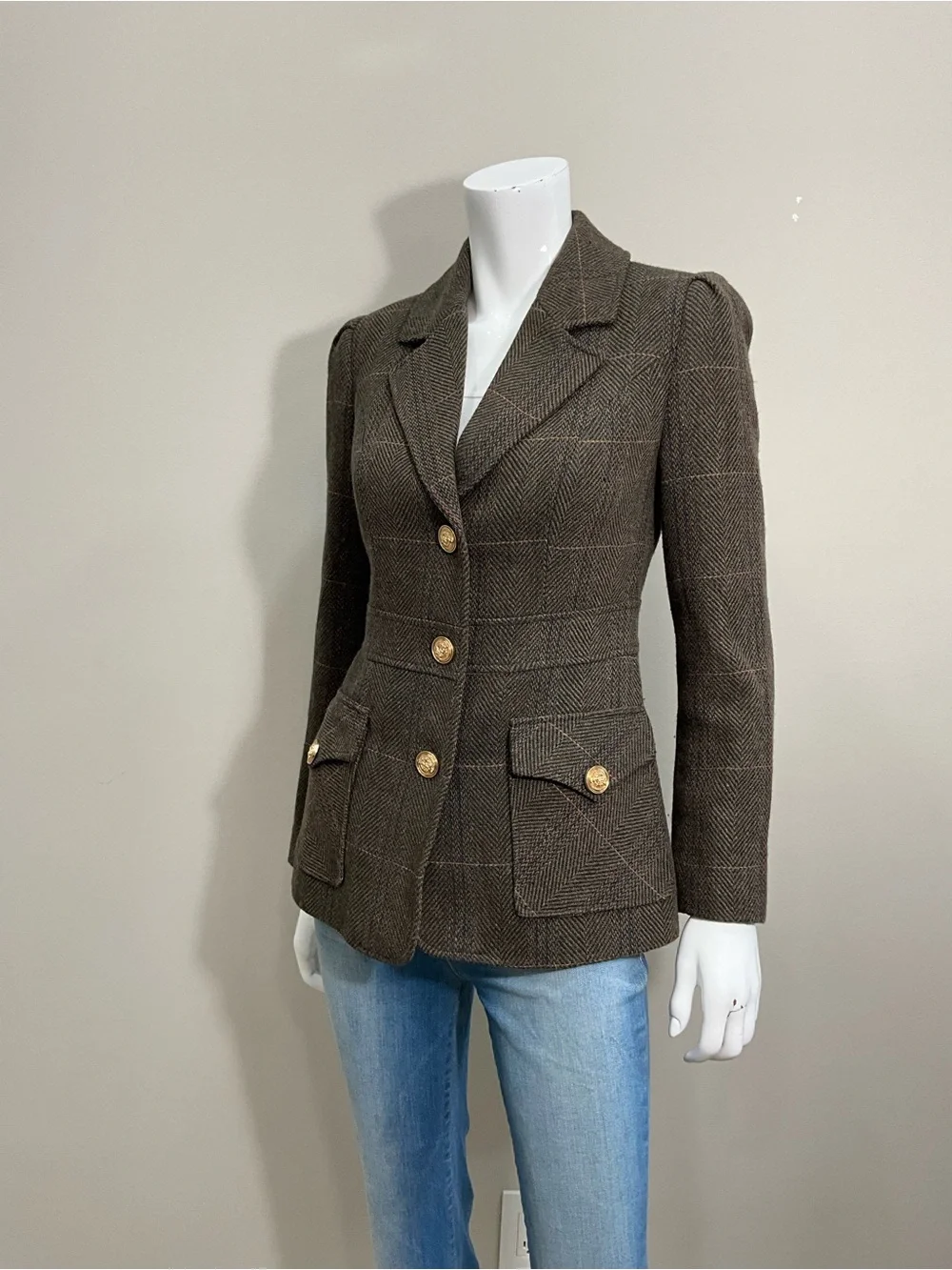 AVEC LES FILLES Equestrian Jacket Brown Herringbone Wool Blend Blazer XS